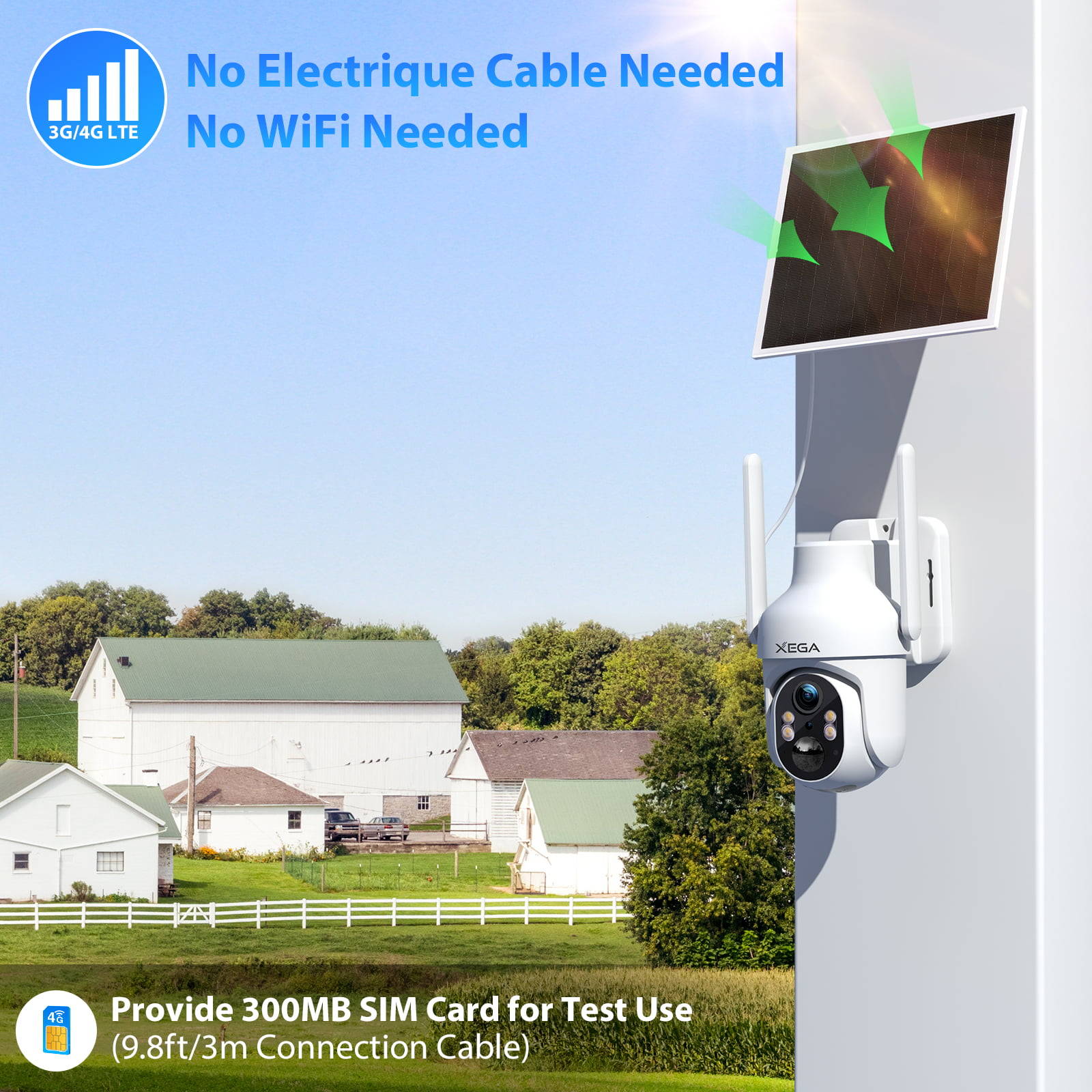 Xega 4G LTE Cellular Security Camera with SIM Card, Solar Powered Wire